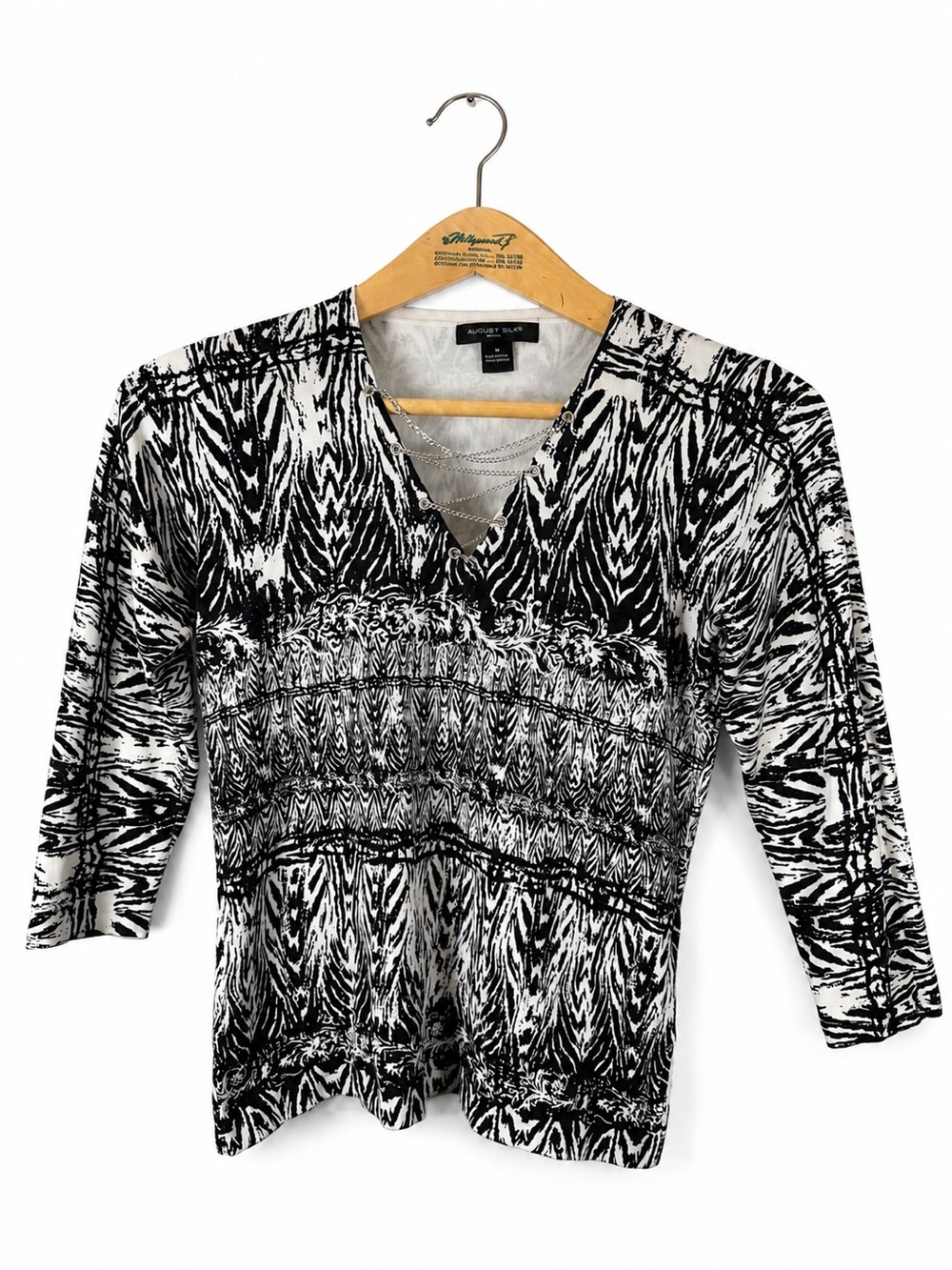August Silk Abstract Top Size M B&W Silk Blend Chain Detail 90s Edgy Chic Indie